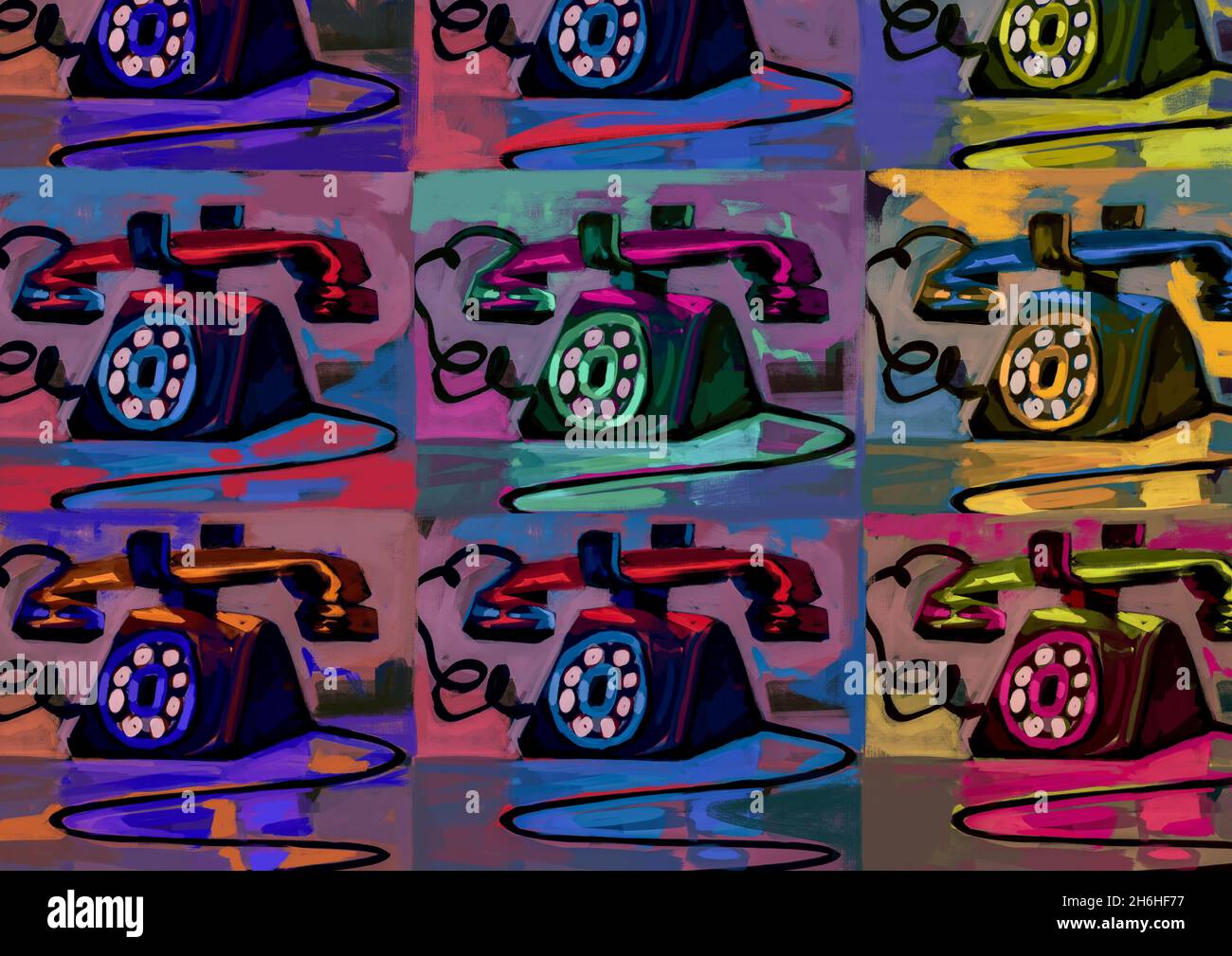 Emocionante teléfono viejo duplicado en la manera de un color Andy Warhol,  mezcla-media concepto, pop art y grunge. Pintura artística brillante.  Pintura Fotografía de stock - Alamy