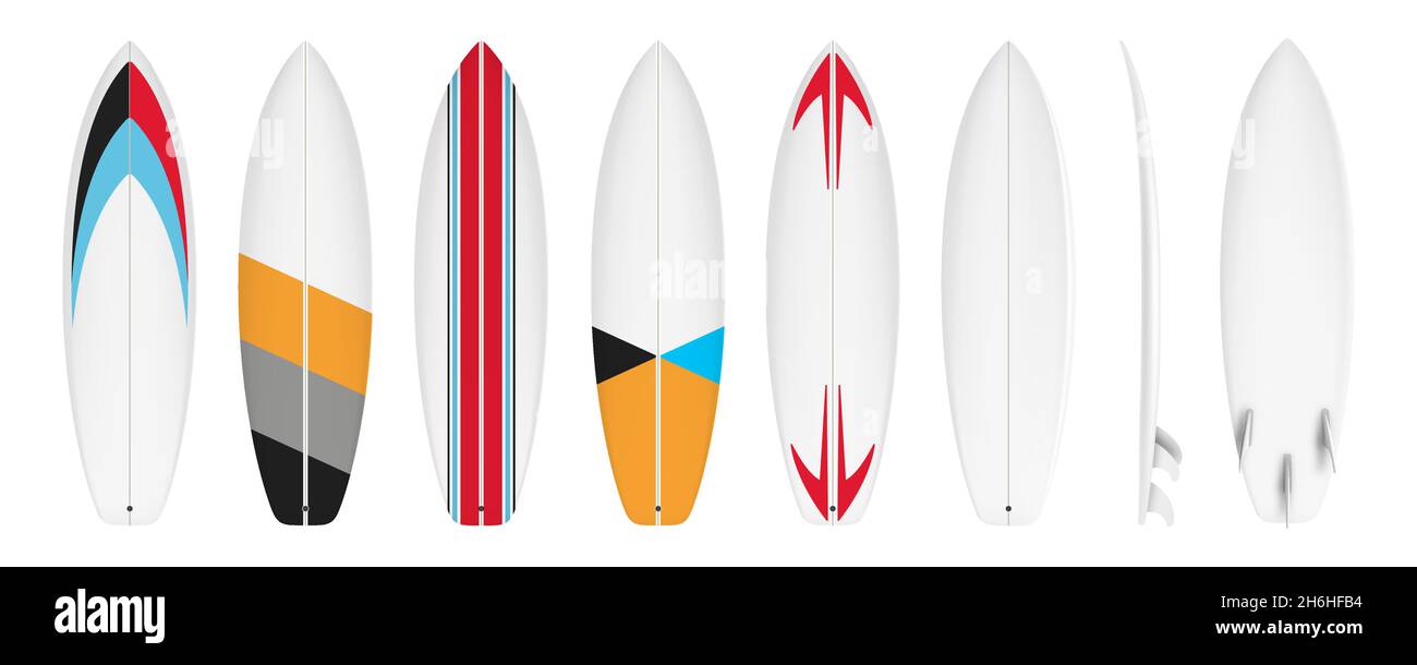 Juego de tablas de surf diseño personalizado aislado sobre fondo blanco en formato vectorial Ilustración del Vector