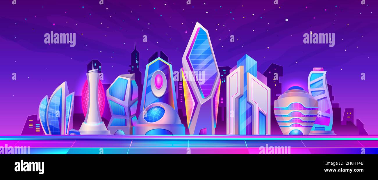 Dibujos animados futurista ciudad paisaje nocturno con luz de neón. Cyberpunk futuro metrópolis calle con rascacielos. Escena vectorial del paisaje urbano de ficción Ilustración del Vector