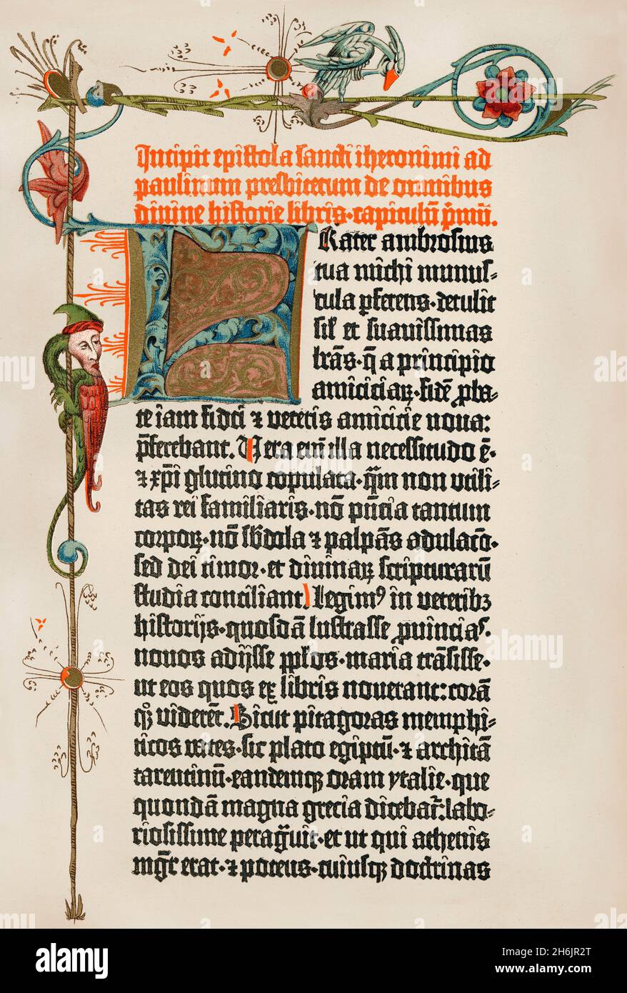 El prólogo de San Jerónimo, facsímil de la Biblia Gutenberg, también conocida como la Biblia de 42 líneas Foto de stock