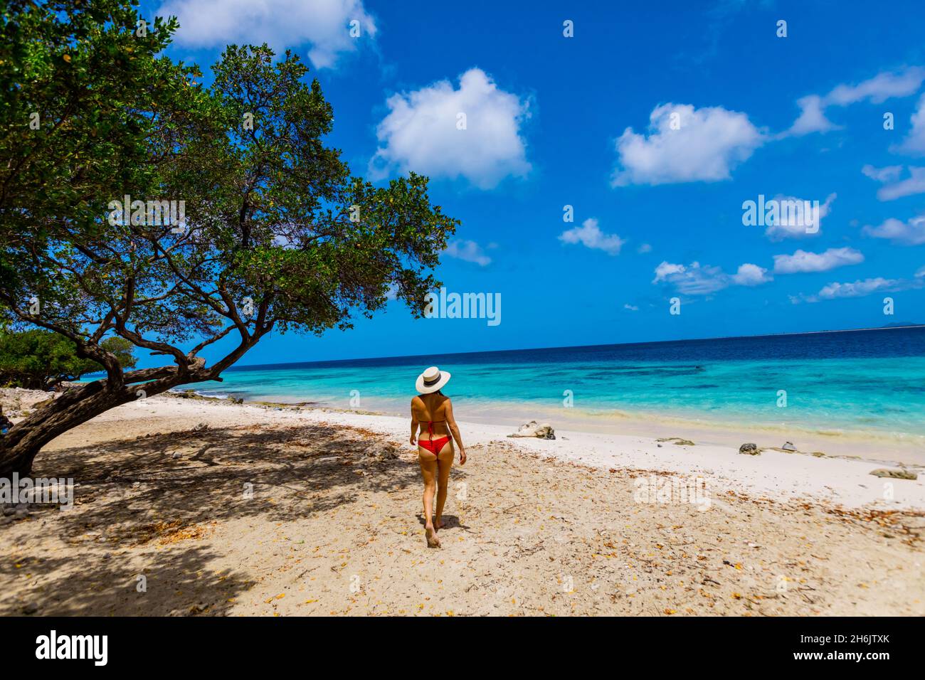 Mujer disfrutando de las playas de arena blanca y aguas azules claras de Bonaire, Antillas Holandesas, Caribe, Centroamérica Foto de stock