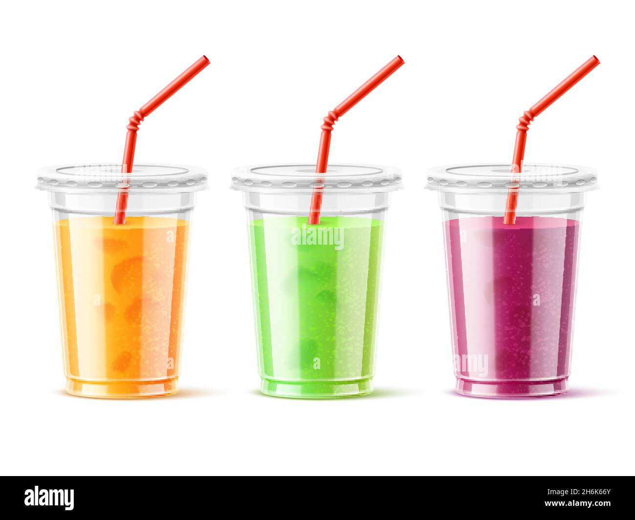 Jugo de vaso de plástico. Frutas de color realista suaviza en vasos  transparentes para llevar con tapas y tubos para beber, alimentos  saludables. Conjunto de vectores Imagen Vector de stock - Alamy