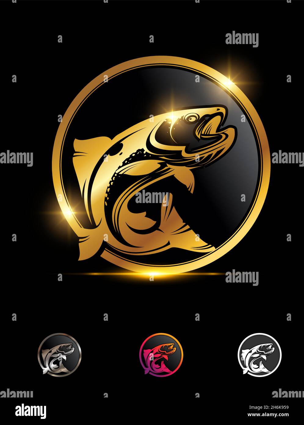 Un conjunto de ilustraciones vectoriales de la señal del logotipo del círculo dorado de pesca Imagen stock - Alamy