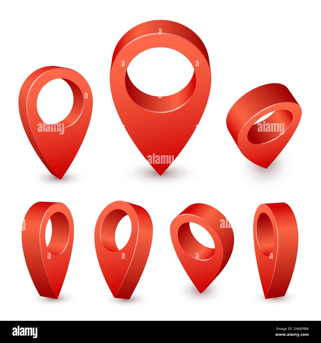 Puntero de mapa de 3D pines. Marcador de pasador rojo para el lugar de desplazamiento. Conjunto de vectores de símbolos de ubicación aislados sobre fondo blanco Ilustración del Vector