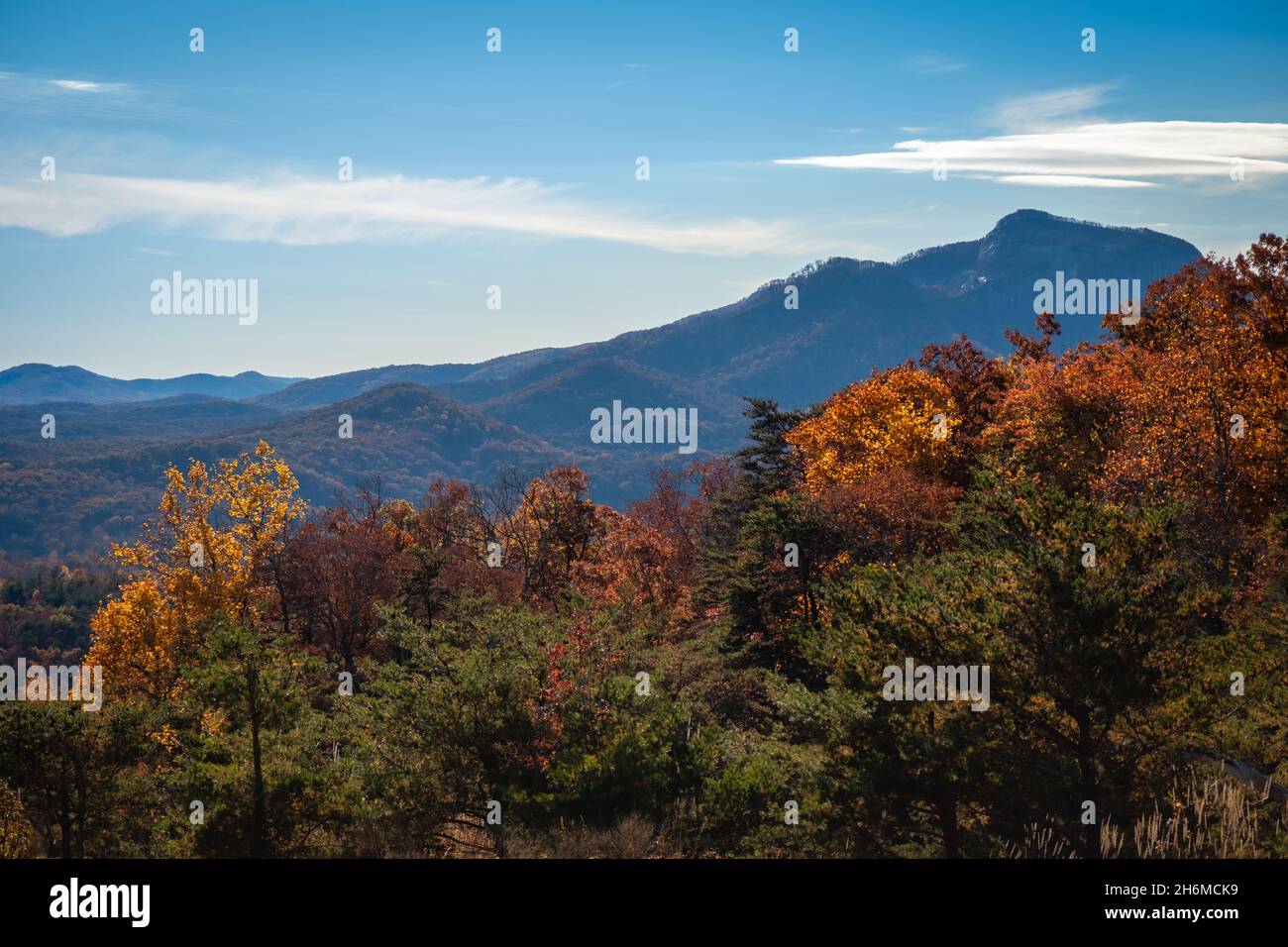Brillante follaje otoñal con Blue Ridge Mountains de Carolina del Sur en la distancia con espacio negativo para copia Foto de stock