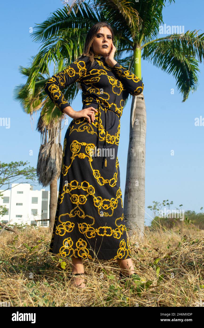 Vertical de una alta hermosa mujer hispana en un elegante vestido