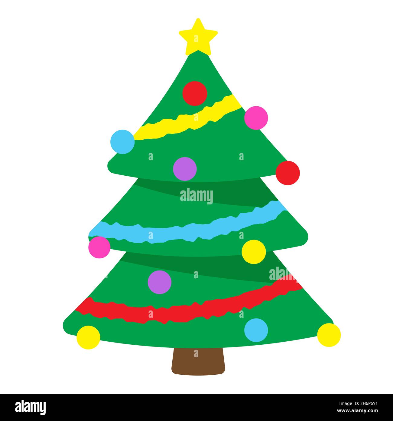 Árbol de Navidad, ilustración vectorial en estilo plano de dibujos animados.  Abeto verde con bolas de colores y guirnalda. Tarjeta de felicitación de  Año Nuevo y Feliz Navidad Imagen Vector de stock -