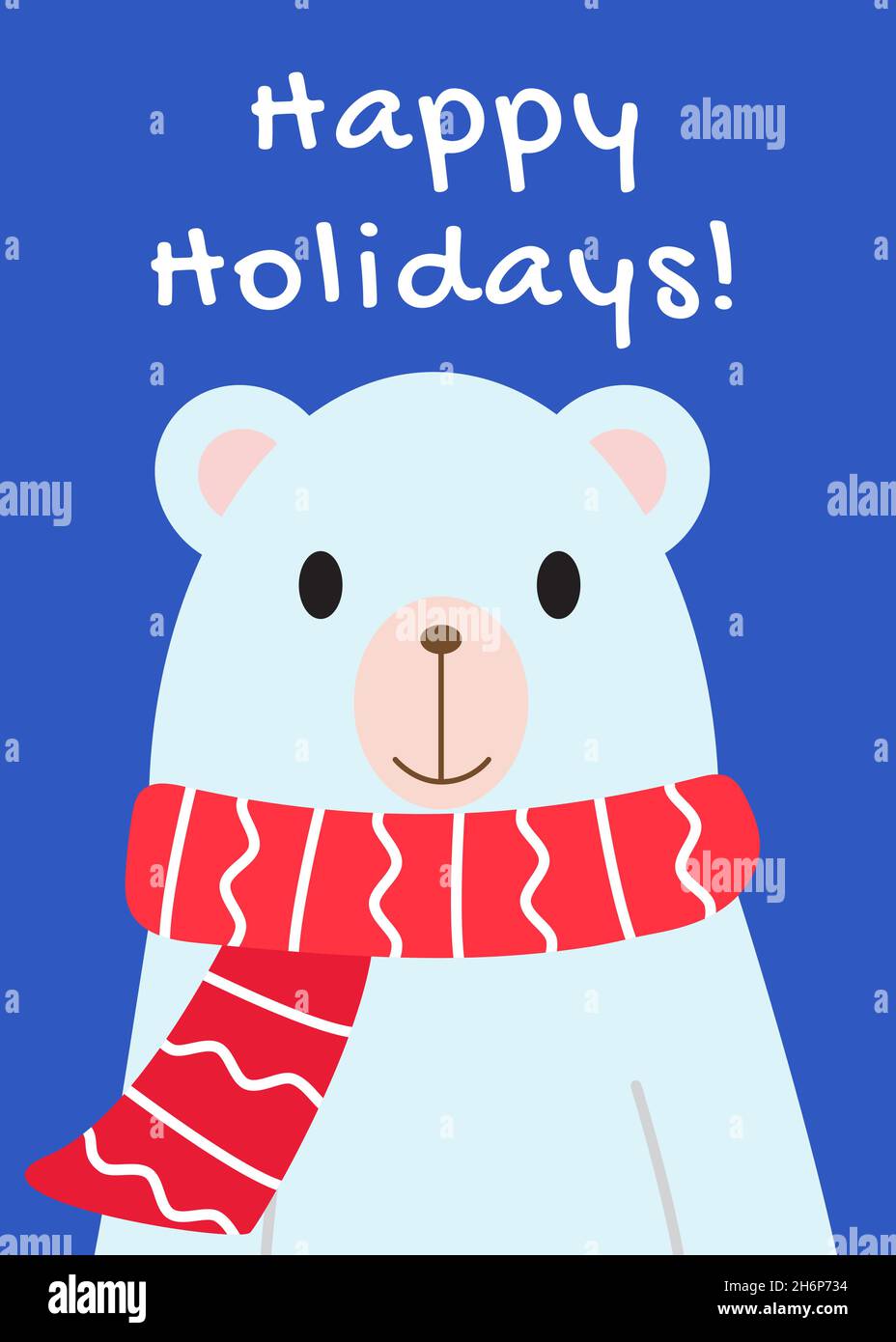 Tarjeta Happy Holidays con oso polar blanco en bufanda roja. Ilustración bonita en estilo plano de dibujos animados. Feliz Navidad y Feliz Año Nuevo. Imprimir Ilustración del Vector