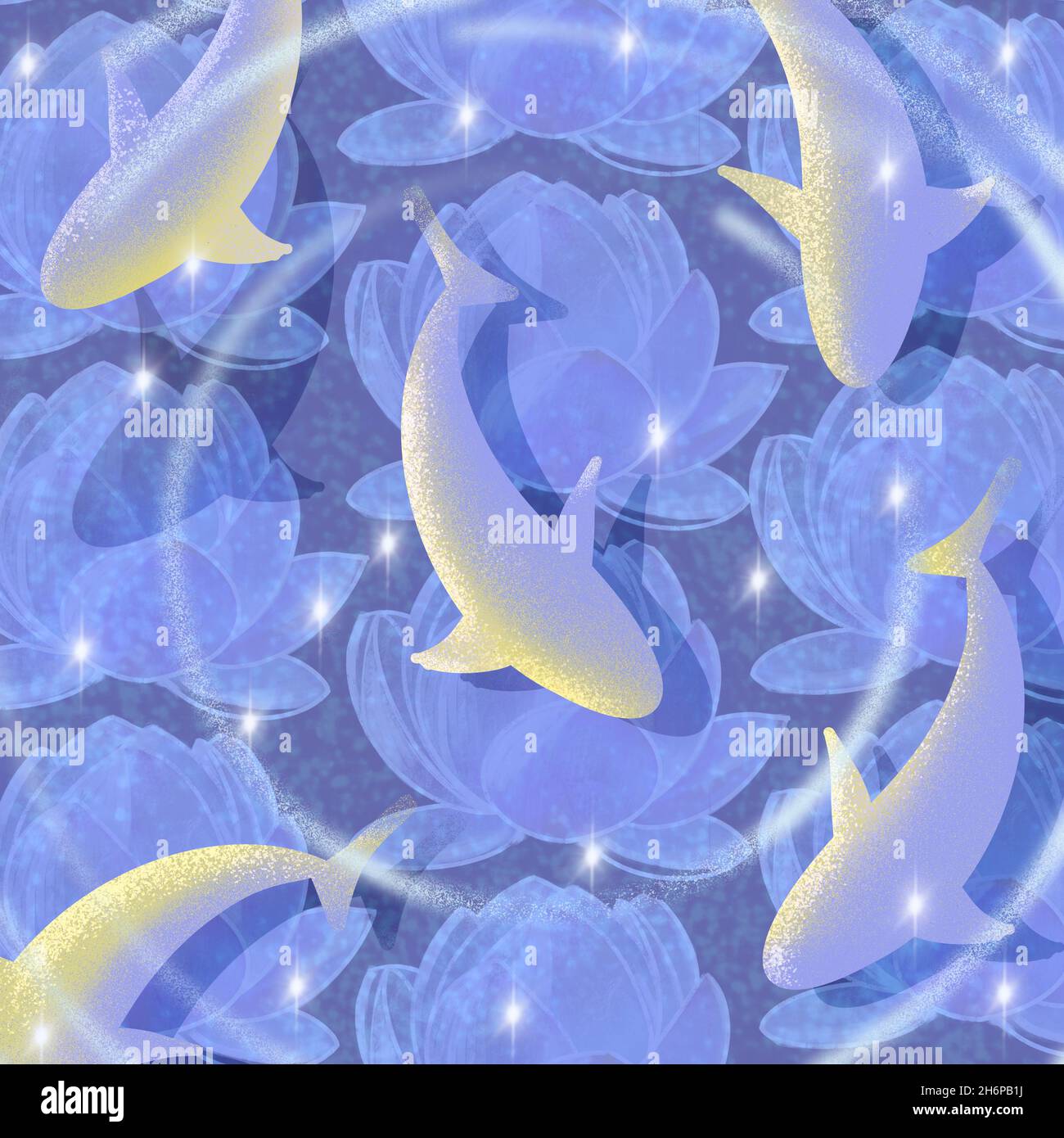 Koi peces en la ilustración del estanque. Ondulación sobre el agua y las flores de loto. Foto de stock