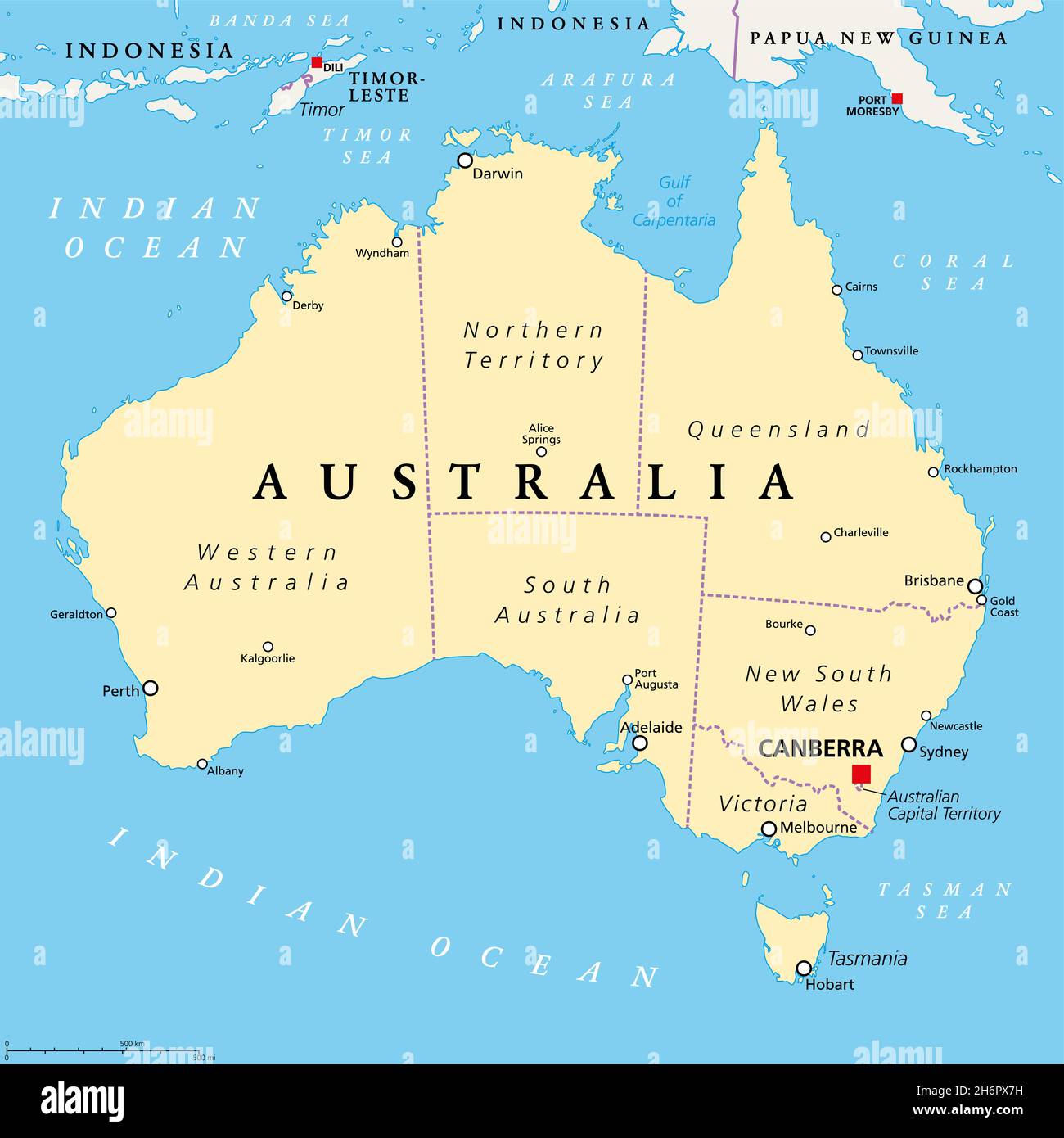 Australia, mapa político, con la capital Canberra, fronteras administrativas internas y las ciudades más importantes. Commonwealth de Australia. Foto de stock