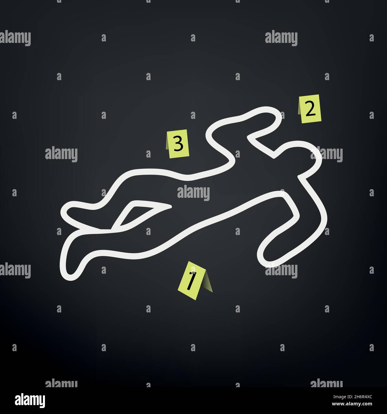 Silueta del hombre muerto pintada en el suelo, con marcadores forenses amarillos, ilustración vectorial de fondo Ilustración del Vector