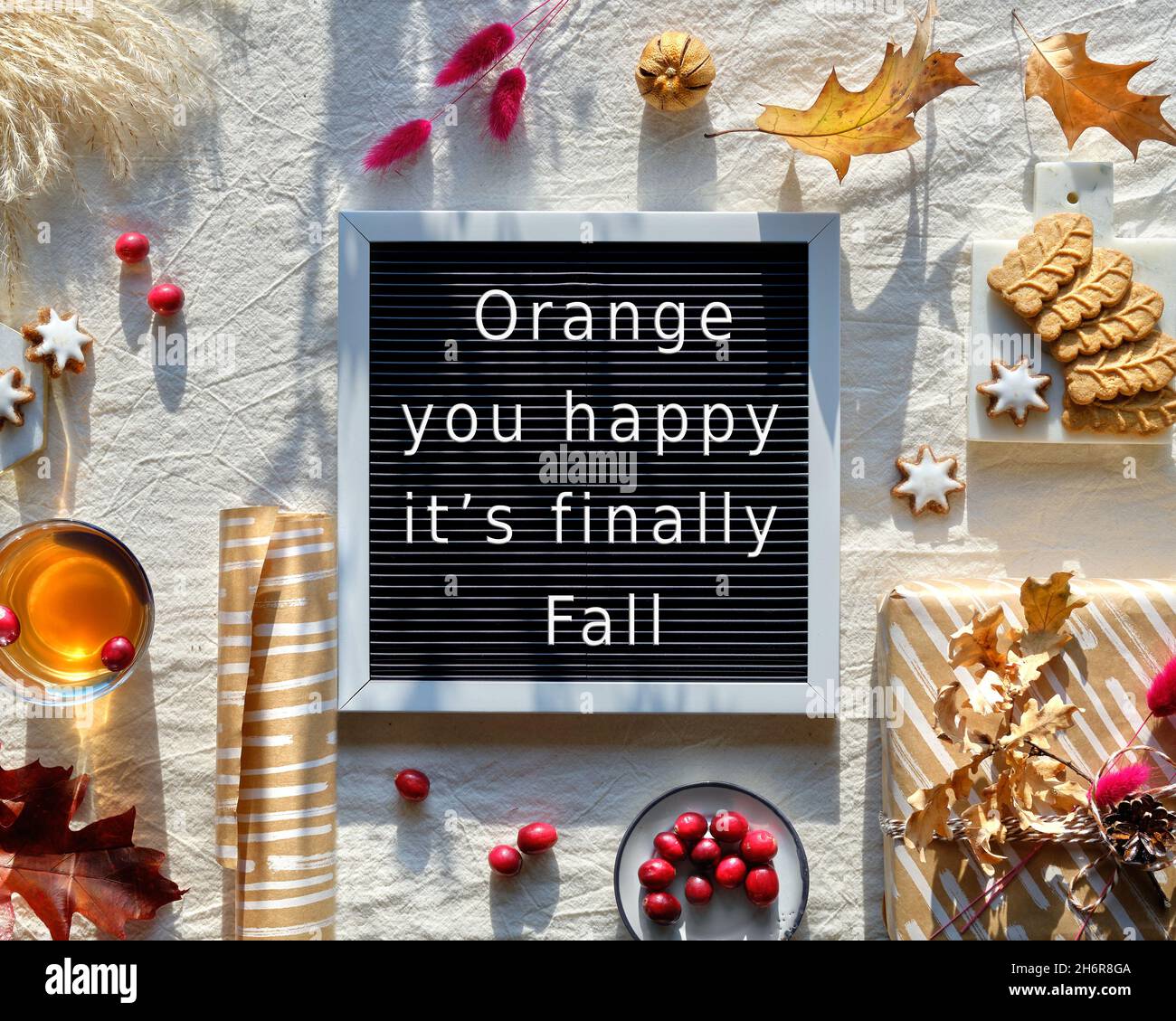 Tablero de texto Naranja Usted feliz es finalmente Otoño. Arándanos, galletas, té y hojas de roble seco. Foto de stock
