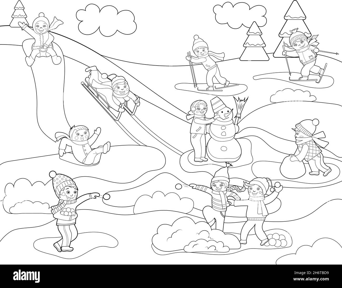 Libro para colorear. Actividades al aire libre de invierno con niños y un muñeco de nieve. En invierno, los niños juegan bolas de nieve, hacen un muñeco de nieve, trineos y esquí Libro para colorear. Actividades al aire libre de invierno con niños y un muñeco de nieve. En invierno, los niños juegan bolas de nieve, hacen un muñeco de nieve, trineos y esquí