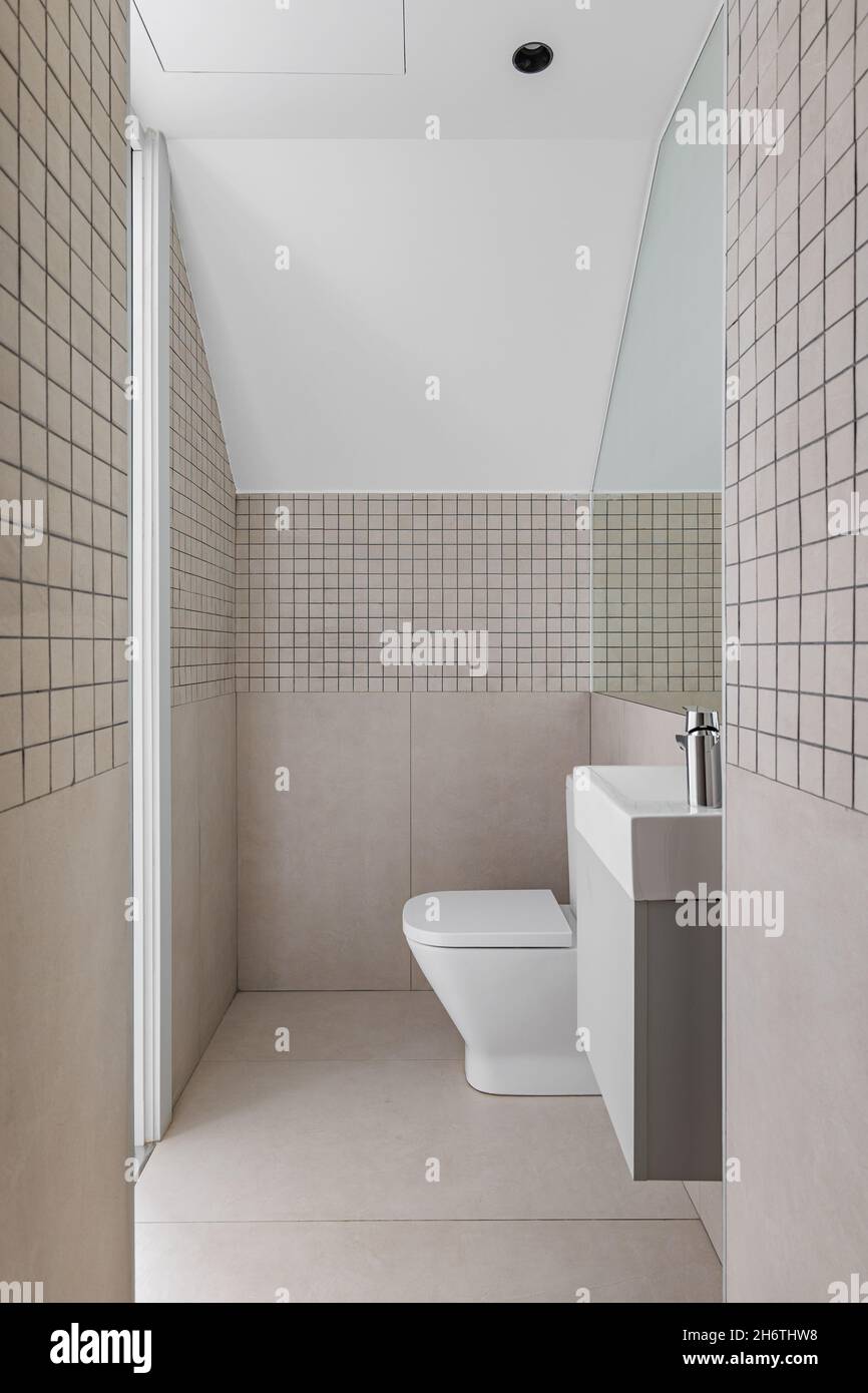 Interior de baño estrecho con un pequeño lavabo e inodoro. Vista desde la  zona de la ducha del moderno cuarto de baño con azulejos beige Fotografía  de stock - Alamy