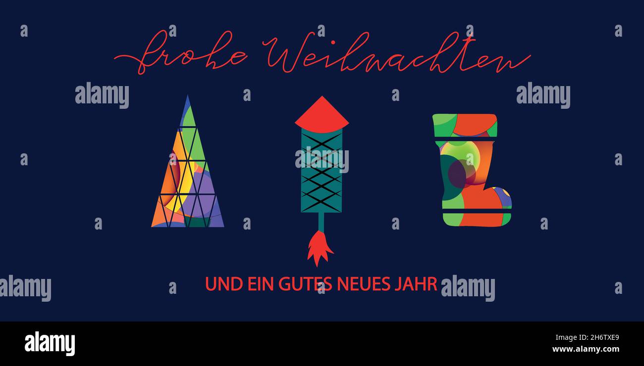 Frohe Weihnachten und ein gutes neues Jahr. Postal navideña con coloridos elementos navideños. Texto en alemán - Feliz Navidad y un Feliz año nuevo. Ilustración del Vector