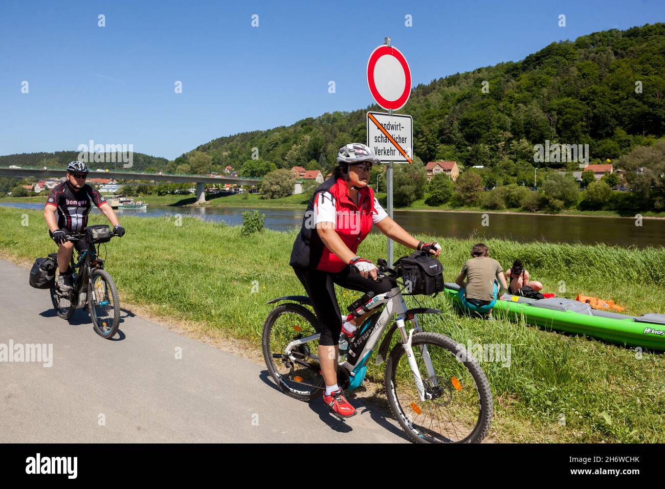 Ciclistas en un sendero para bicicletas a lo largo del río Elba, Sajonia Alemania Verano Vida saludable Foto de stock