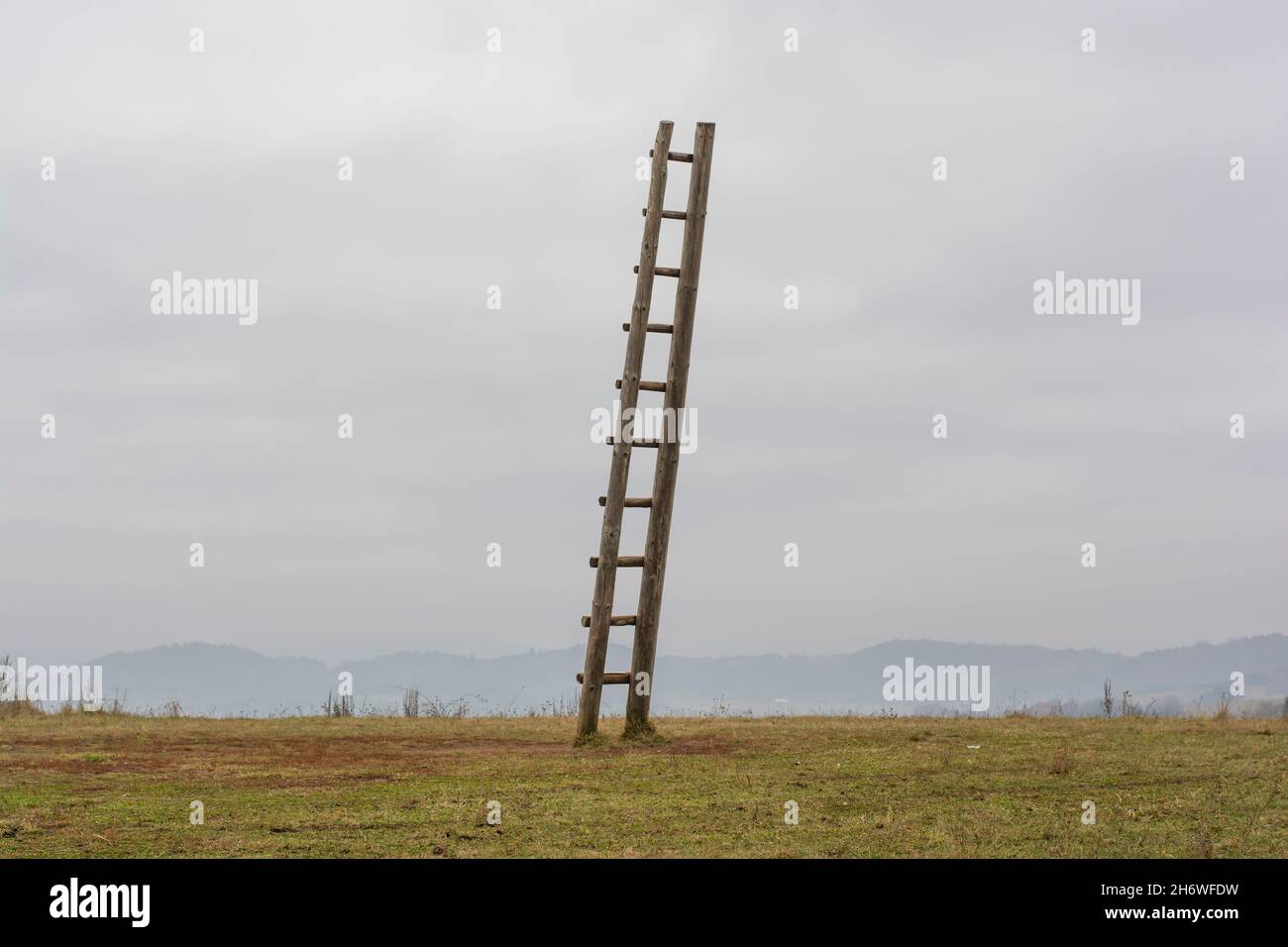 Antigua escalera de madera en el prado que conduce arriba en el cielo . Escalera al cielo. Símbolo de carrera. Foto de stock