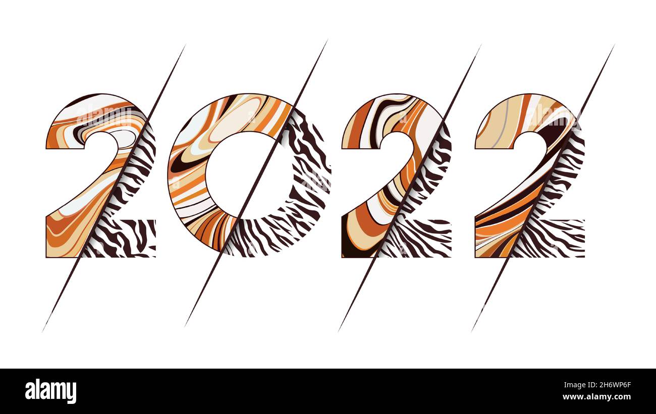 Feliz Año Nuevo 2022. Números vectoriales con patrón de rayas Tiger. Ilustración del Vector