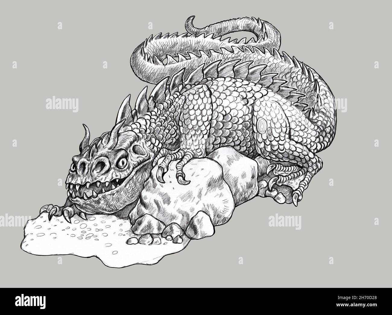 Dragón divertido con cuernos. Dibujo fantástico. Foto de stock
