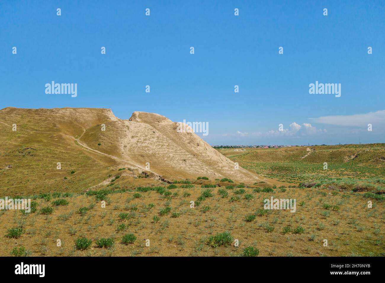 Panorama de Afrasiyab, el lugar más antiguo de Samarcanda, Uzbekistán. Lo que parece ser colina a la izquierda es la antigua fortaleza y palacio, fundada en VII aC. Foto de stock
