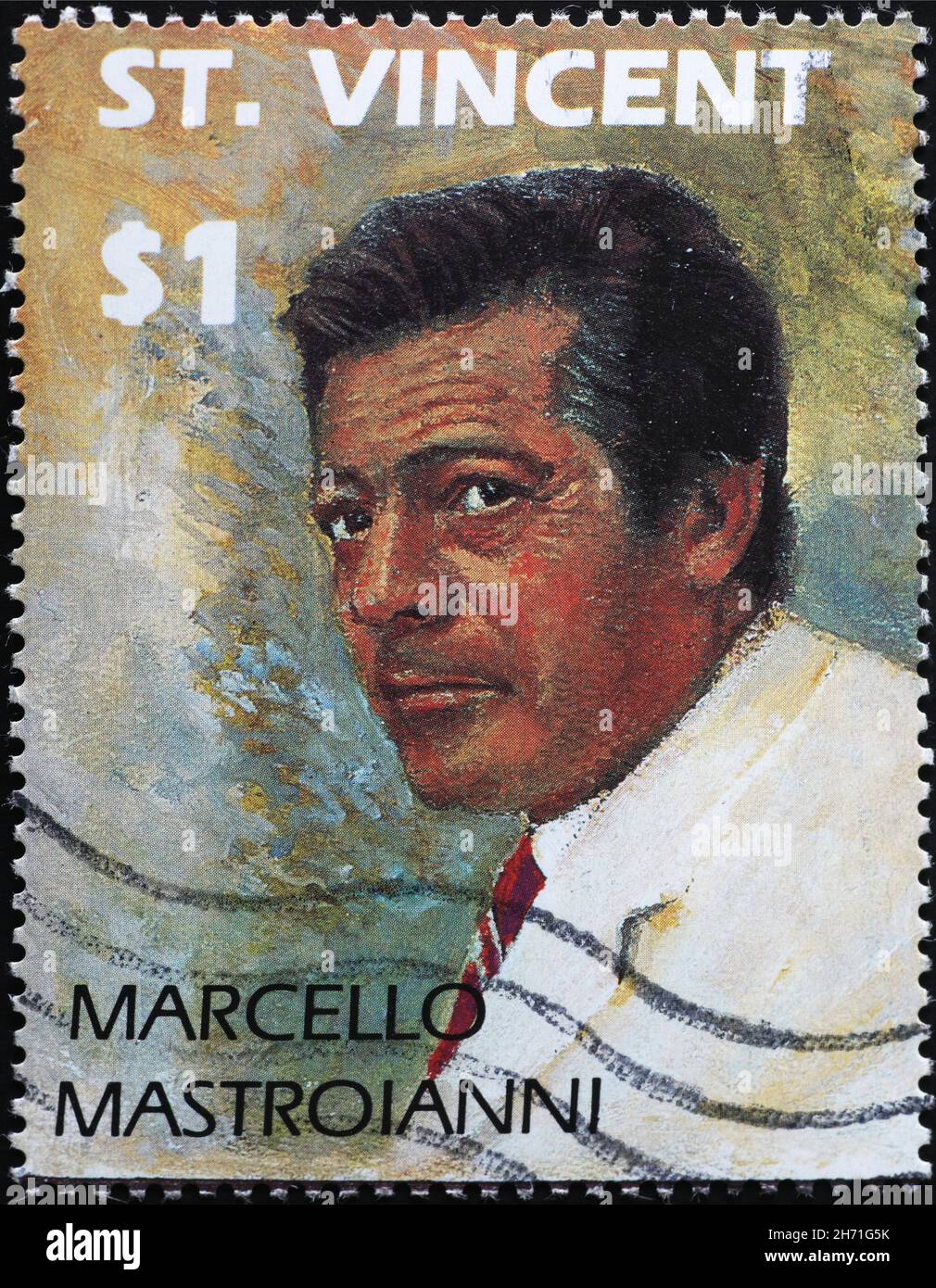 El actor italiano Marcello Mastroianni en el sello postal Foto de stock