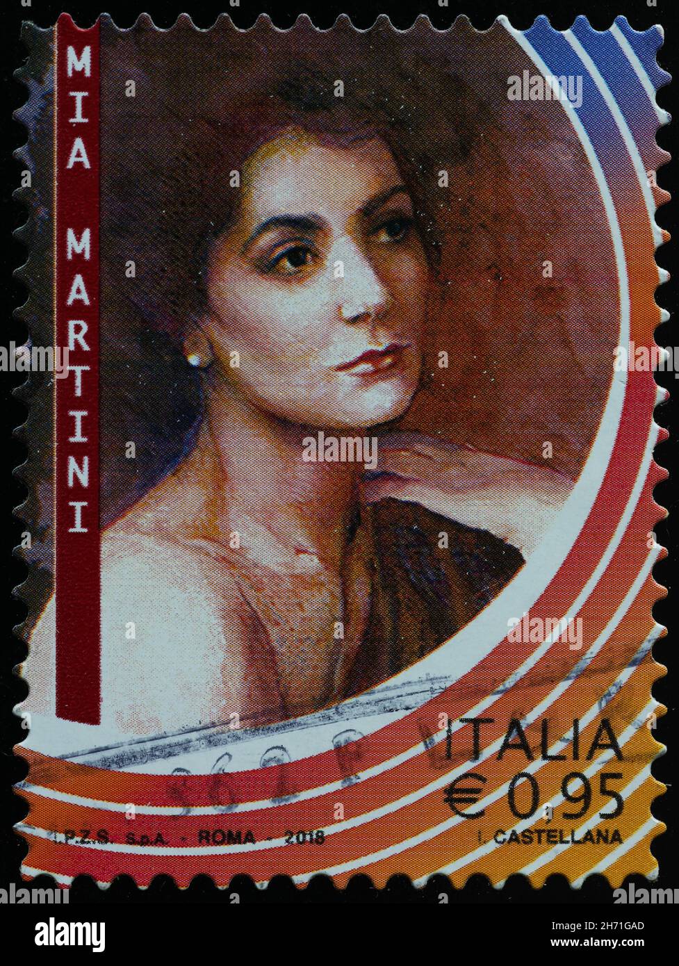 Mia Martini en sello postal italiano Foto de stock