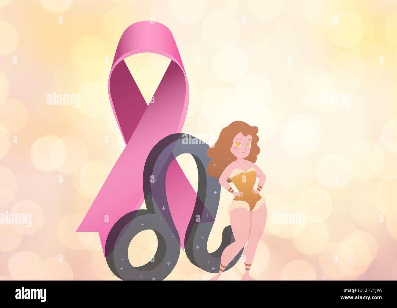 Símbolo de Tauro, cinta rosa e icono de sirena contra manchas de luz sobre fondo degradado Foto de stock