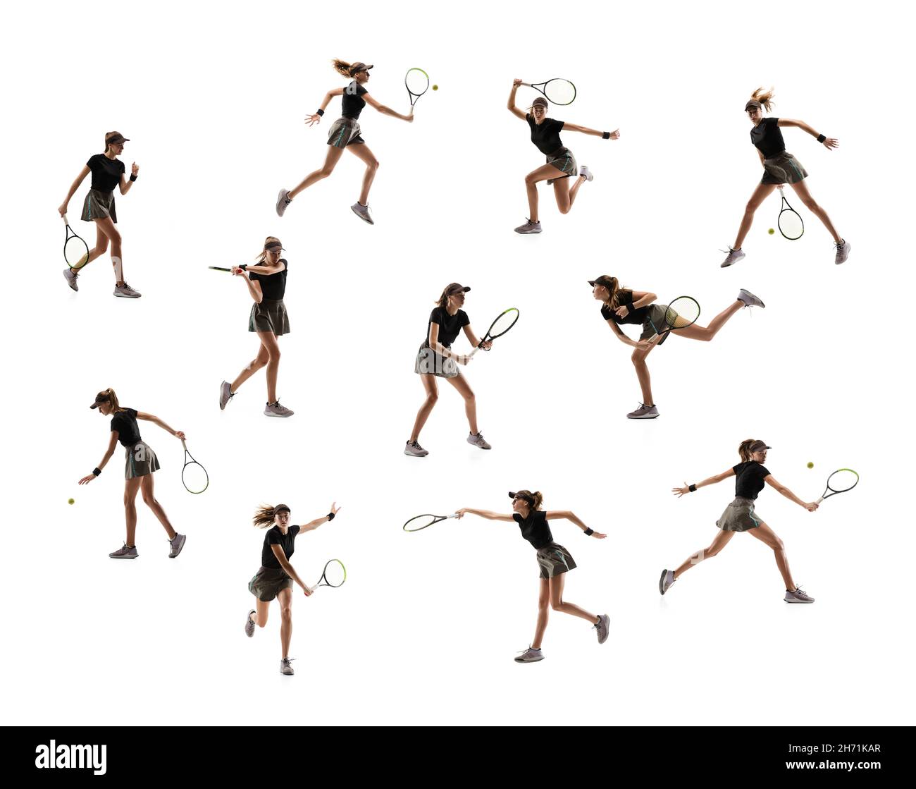 Desarrollo de movimientos. Collage de imágenes de una tenista femenina profesional con raqueta en movimiento, acción aislada en estudio blanco Foto de stock