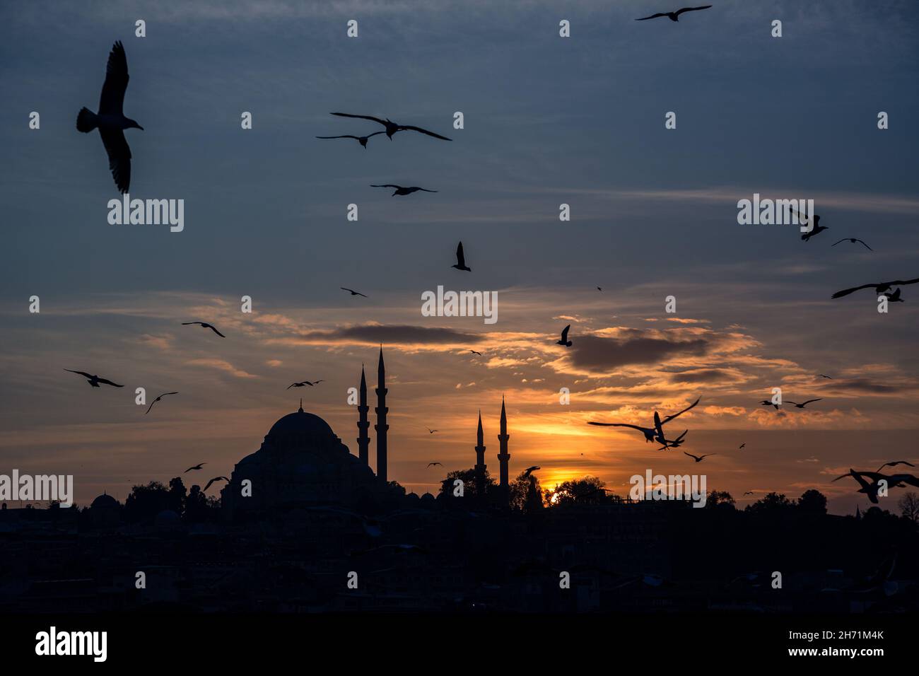 Silueta de la histórica mezquita de Suleymaniye durante la puesta de sol en la ciudad de Estambul Foto de stock