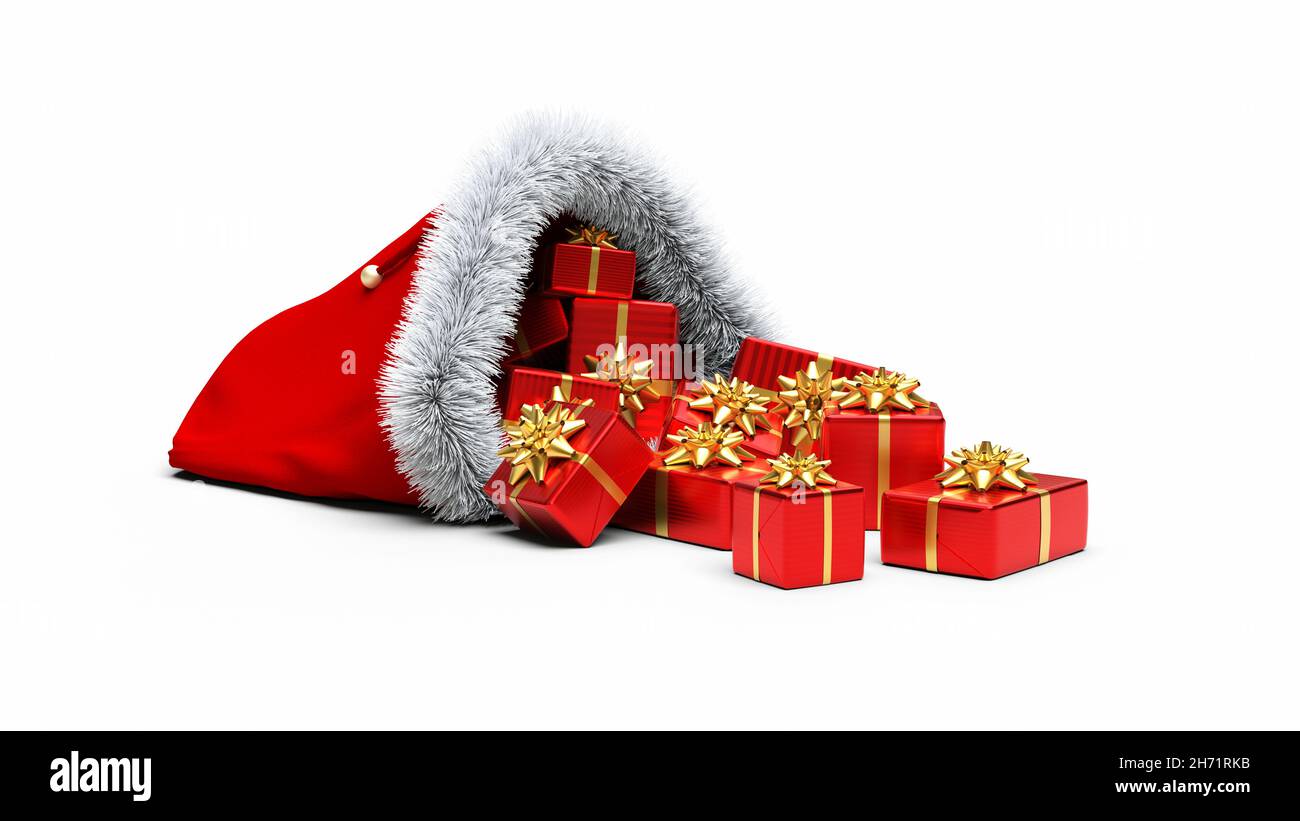 Bolsa de Navidad llena de regalos rojos 3D con fondo blanco Foto de stock