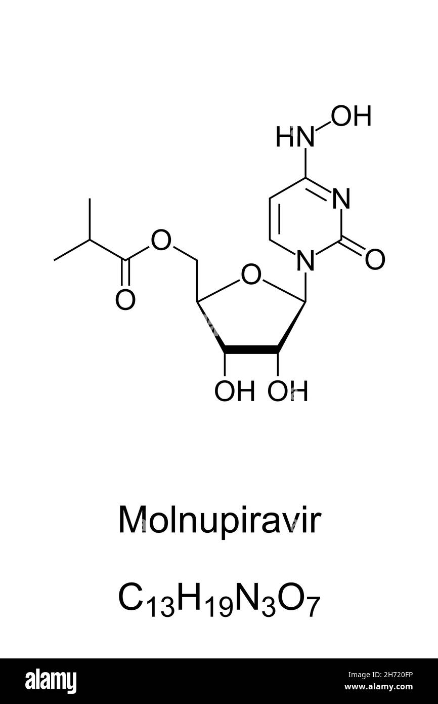 Molnupiravir, fórmula química y estructura esquelética. Medicamentos antivirales. Inhibe la replicación de ciertos virus ARN. Profármaco. Foto de stock