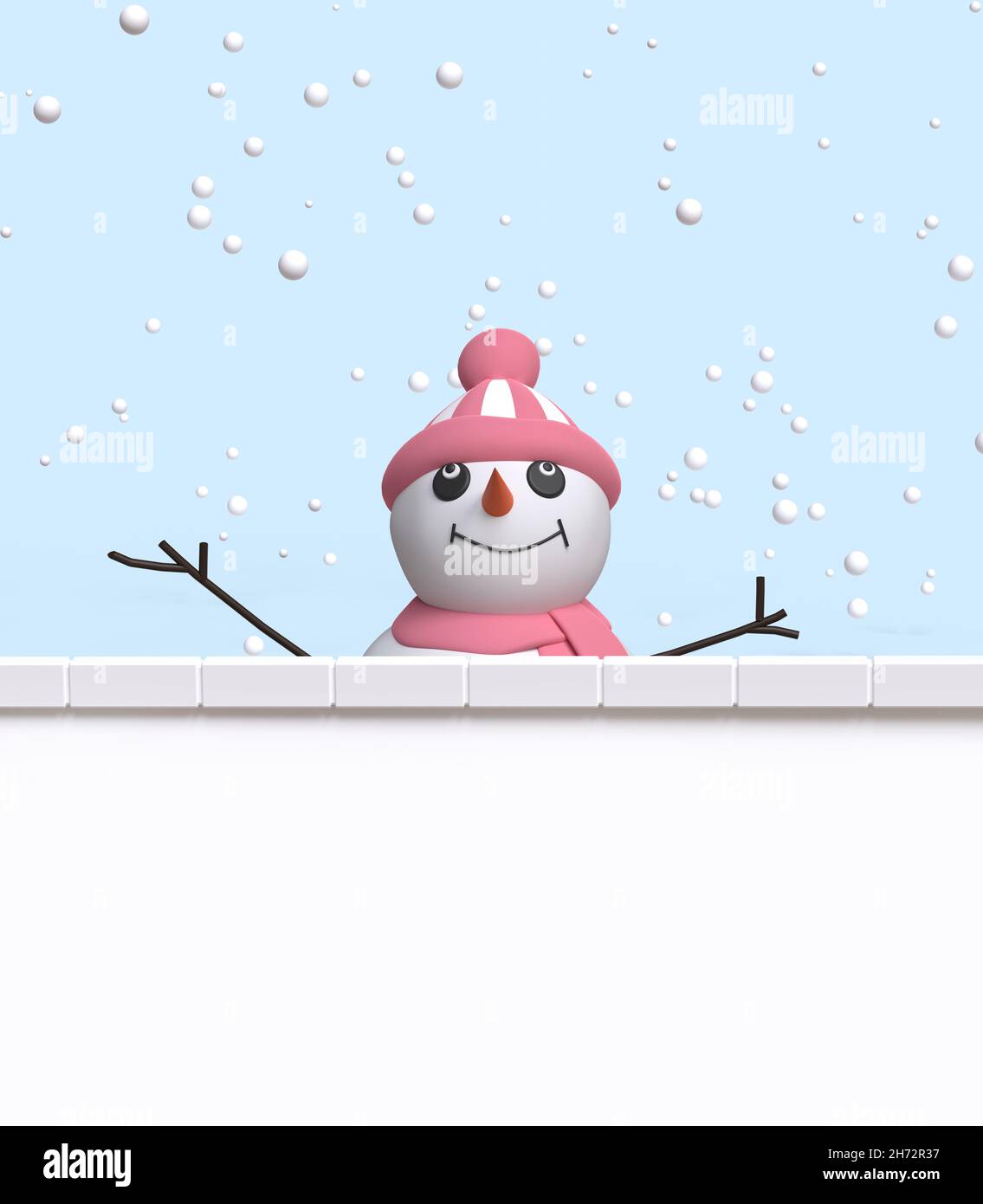 Lindo muñeco de nieve de dibujos animados sosteniendo un banner en blanco. 3D Imagen Foto de stock