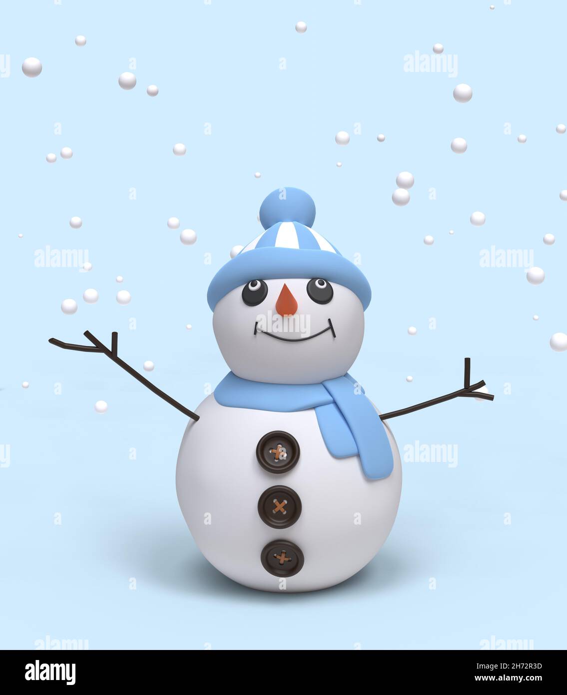 Lindo muñeco de nieve de dibujos animados sobre un fondo azul. 3D Imagen Foto de stock