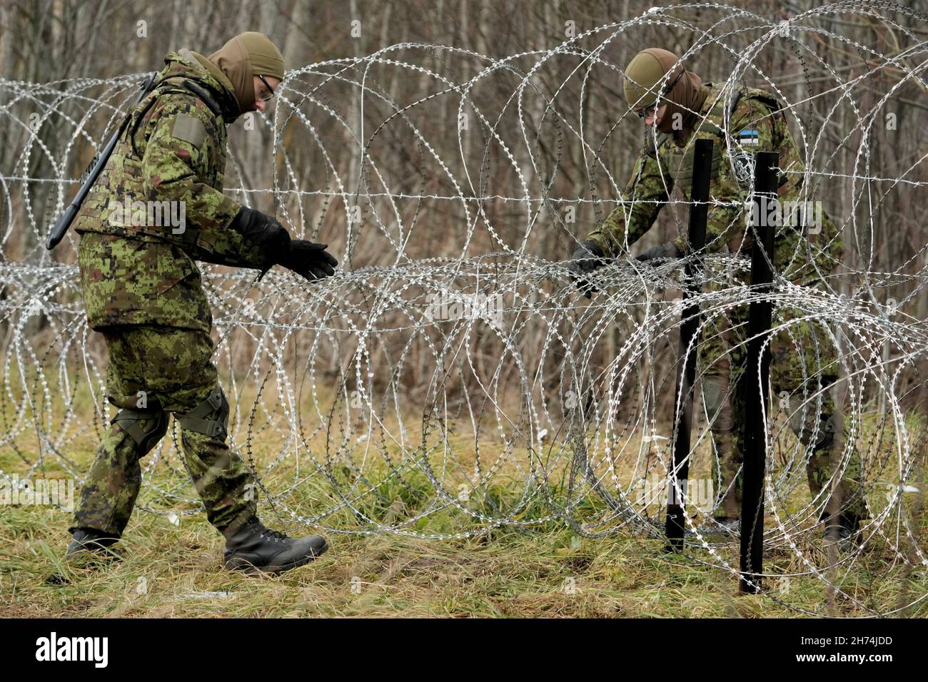 Los reservistas del ejército estonio construyen una valla temporal de  alambre de navaja en una frontera con Rusia durante un ejercicio militar  rápido Okas 2021 cerca de Meremae, Estonia 20 de noviembre