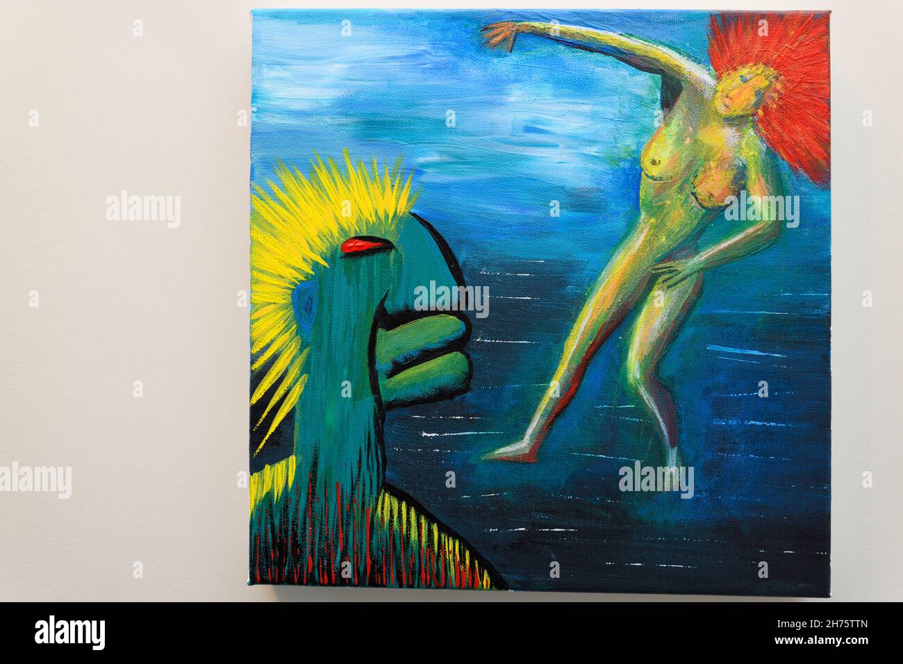 Pintura acrílica impresionista abstracta sobre lienzo cuadrado de hombre verde que se errecía al desnudo de la mujer del equilibrio con el pelo rojo Foto de stock