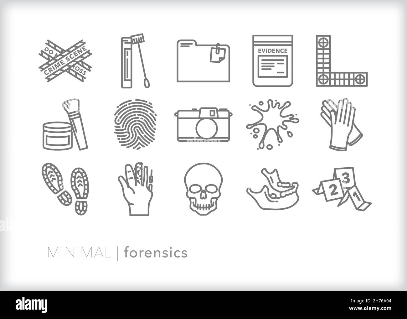 Conjunto de iconos de línea forense de elementos que un científico forense o detective utiliza para recopilar pruebas y resolver delitos Ilustración del Vector