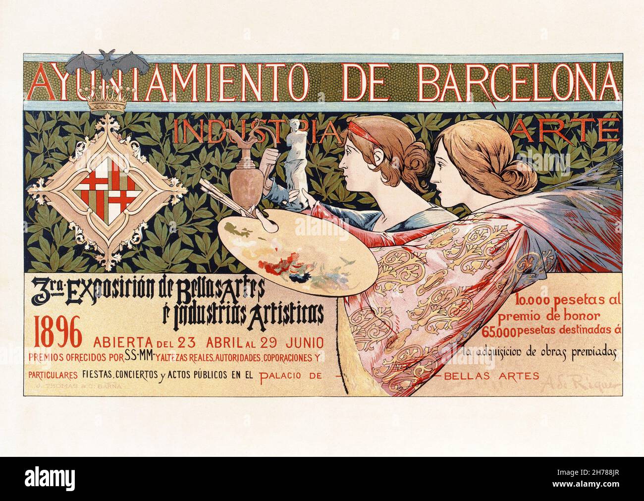 Cartel vintage que anuncia la exposición anual de bellas artes y artesanía de 3rd en Barcelona, España por Alexandre de Riquier 1896 Foto de stock