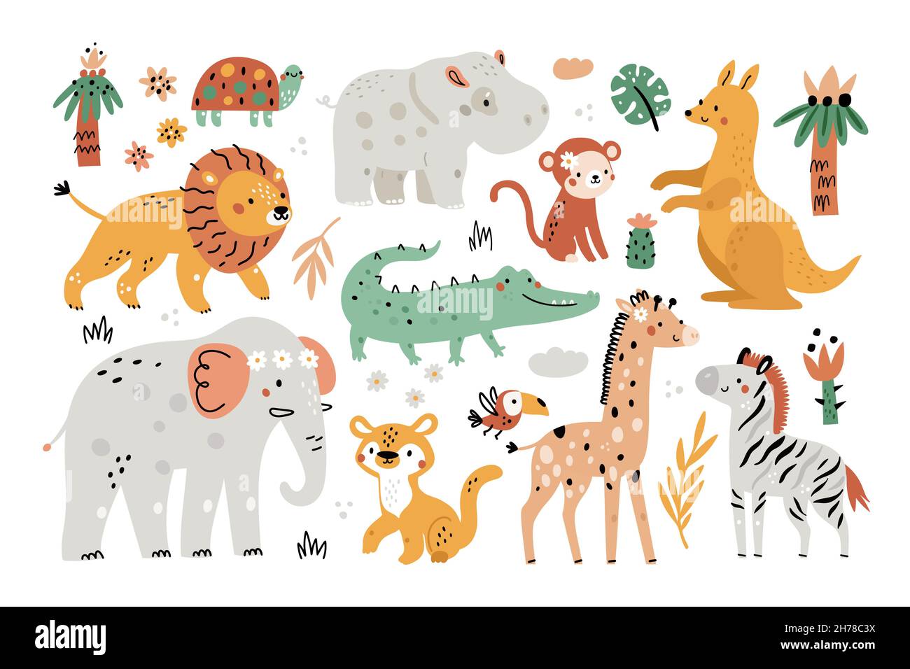 Elementos de safari lindos. Divertidos animales exóticos, plantas y hojas, niños personajes de la selva, árboles y palmeras, infantil africana sabana conjunto de fauna Ilustración del Vector