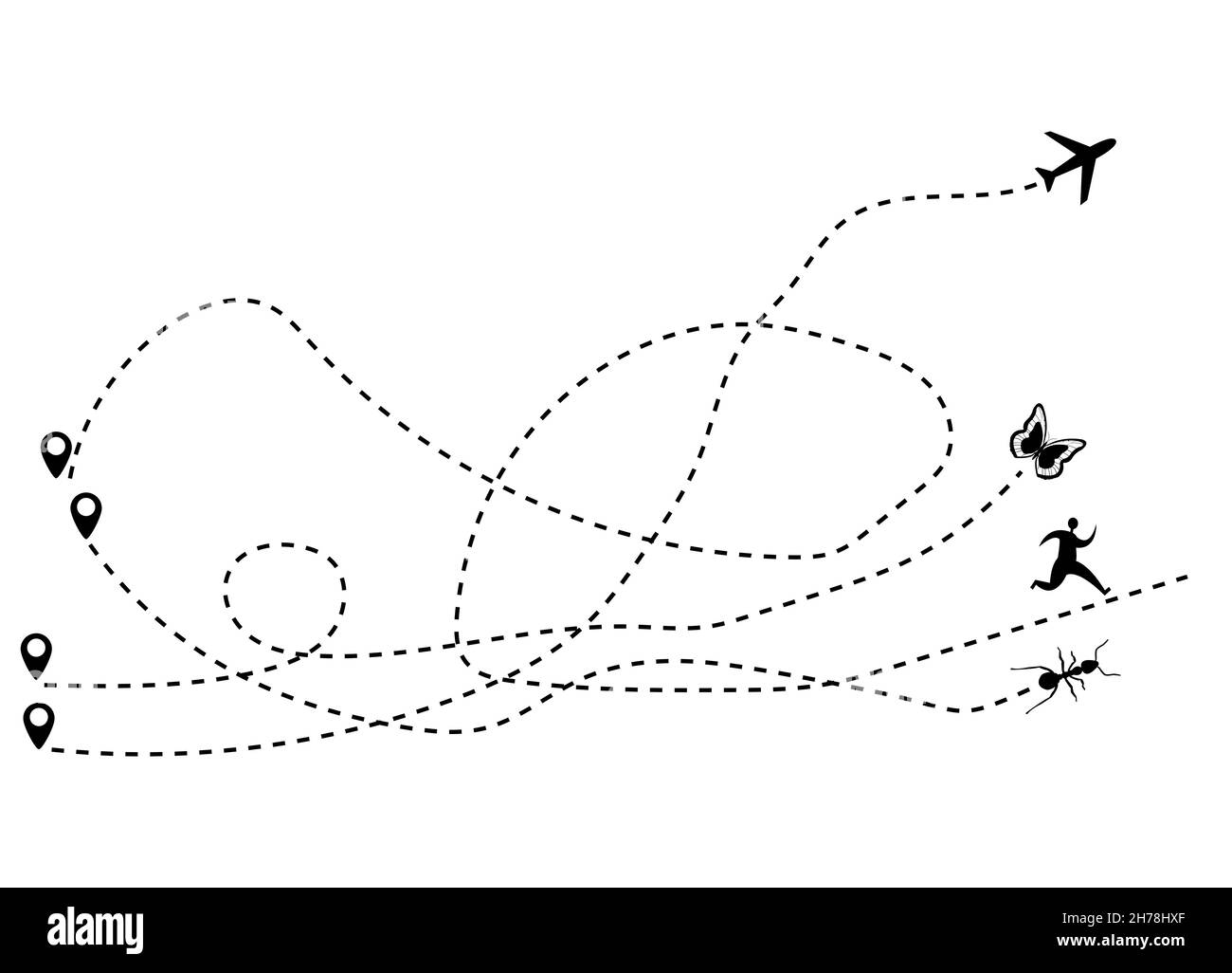 Línea punteada de la ruta del avión, mariposa, hombre y hormiga. Turismo y viajes. Ilustración vectorial. Ilustración del Vector