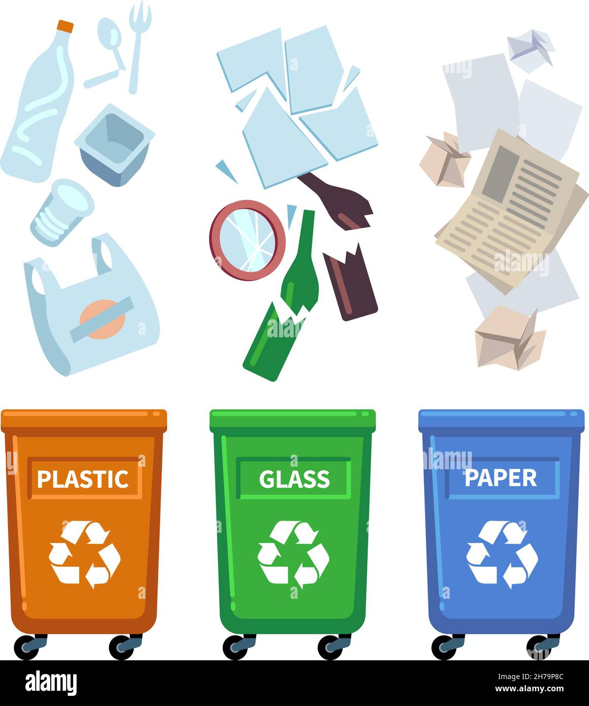 Contenedores de residuos. Los diferentes tipos de basura colorean los  contenedores para clasificar los desechos. Recoja el plástico de vidrio de  reciclaje y la basura de papel. Basura cayendo en la basura