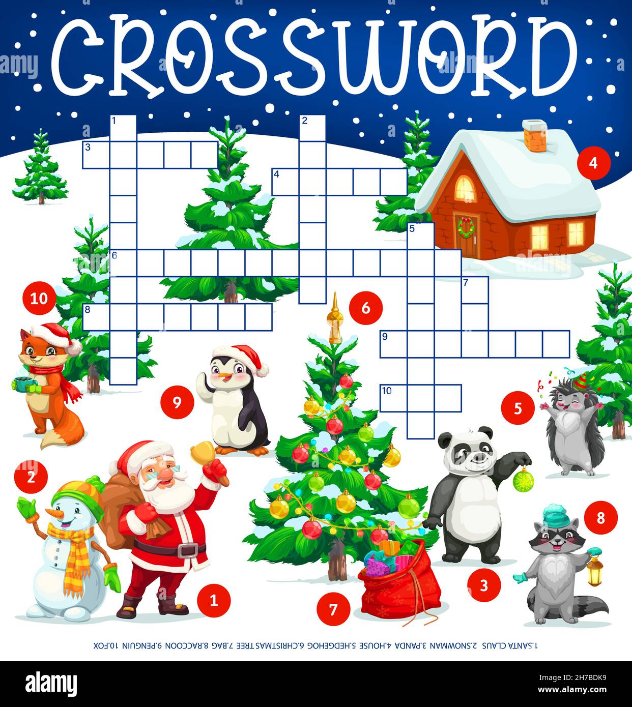 Árbol de Navidad, animales y Santa con regalos, hoja de cálculo de  cuadrícula de palabras cruzadas, encontrar un juego de preguntas de  vectores de palabras. Rompecabezas de crucigramas para niños con el