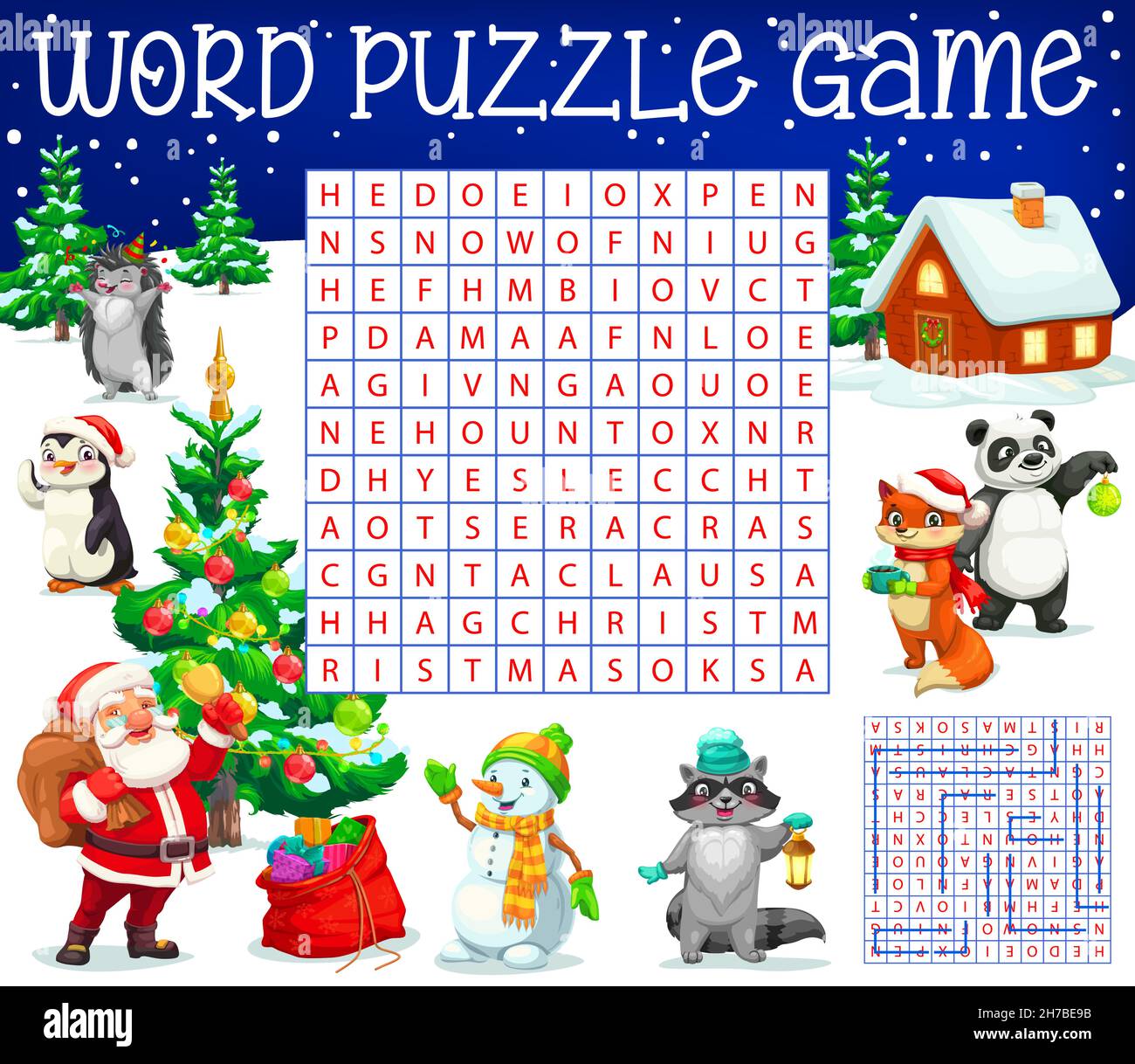 Árbol de Navidad, animales de los bosques de dibujos animados y Santa,  búsqueda de palabras puzzle hoja de trabajo juego, vector quiz cuadrícula.  Los niños encuentran un acertijo de palabra para adivinar