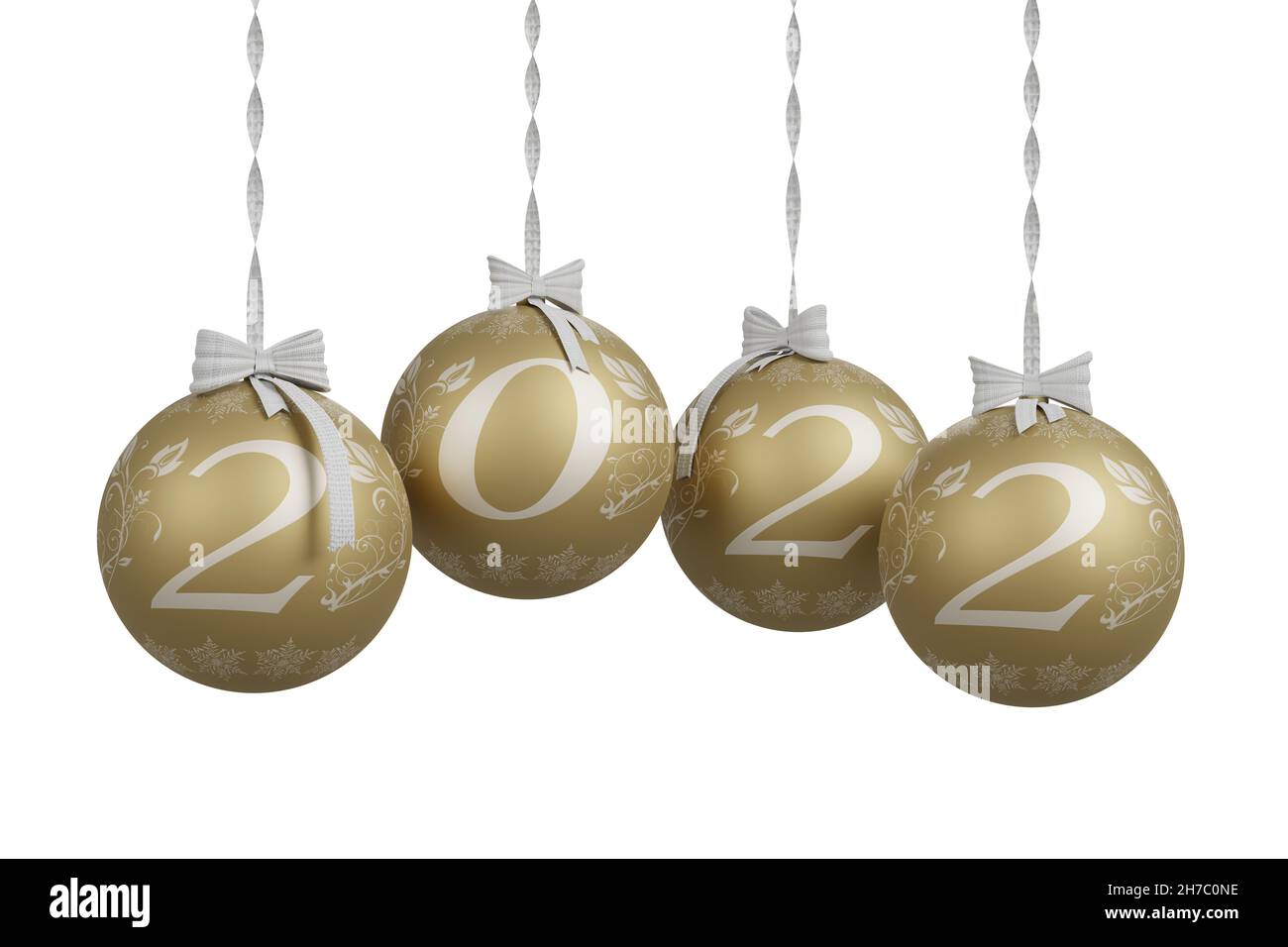Ilustración 3D. Año Nuevo 2022. Año Nuevo 2022 en números y con decoración de Navidad. Foto de stock