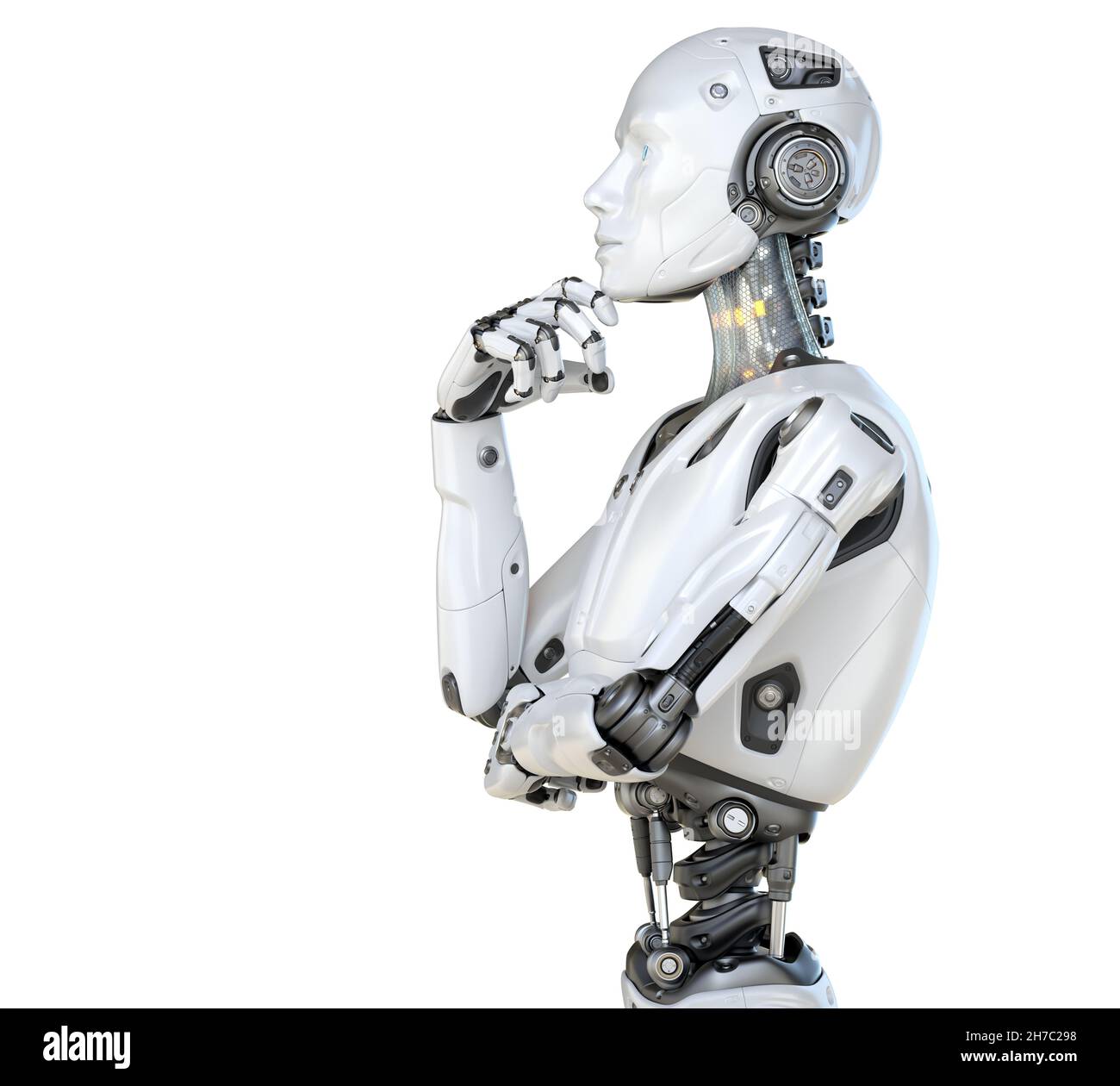 Humano como un robot en una postura pensiva. Aislado. Ilustración 3D Foto de stock
