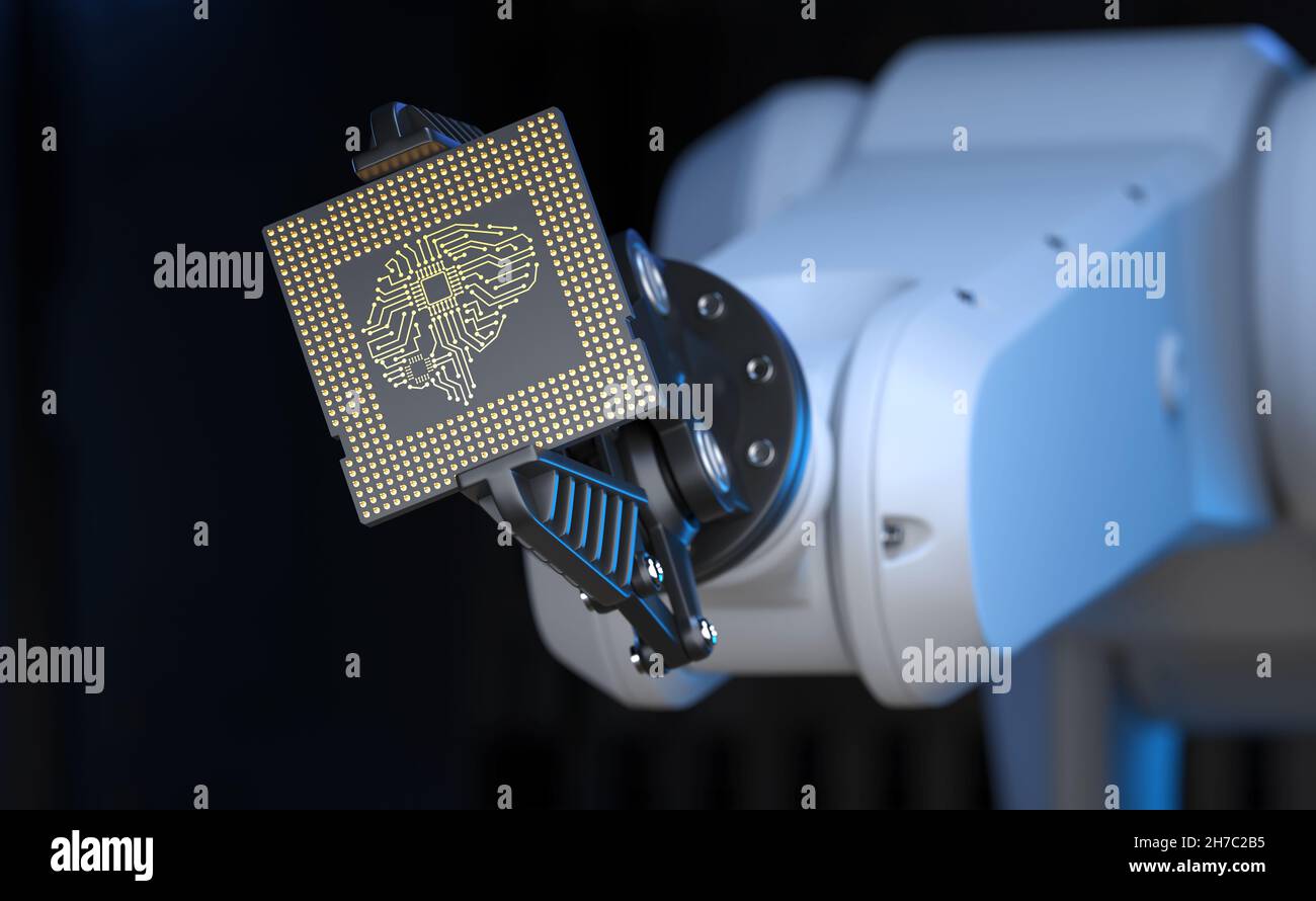 Brazo robótico de alta tecnología que sujeta una unidad procesadora de inteligencia artificial en su empuñadura. ilustración 3d Foto de stock