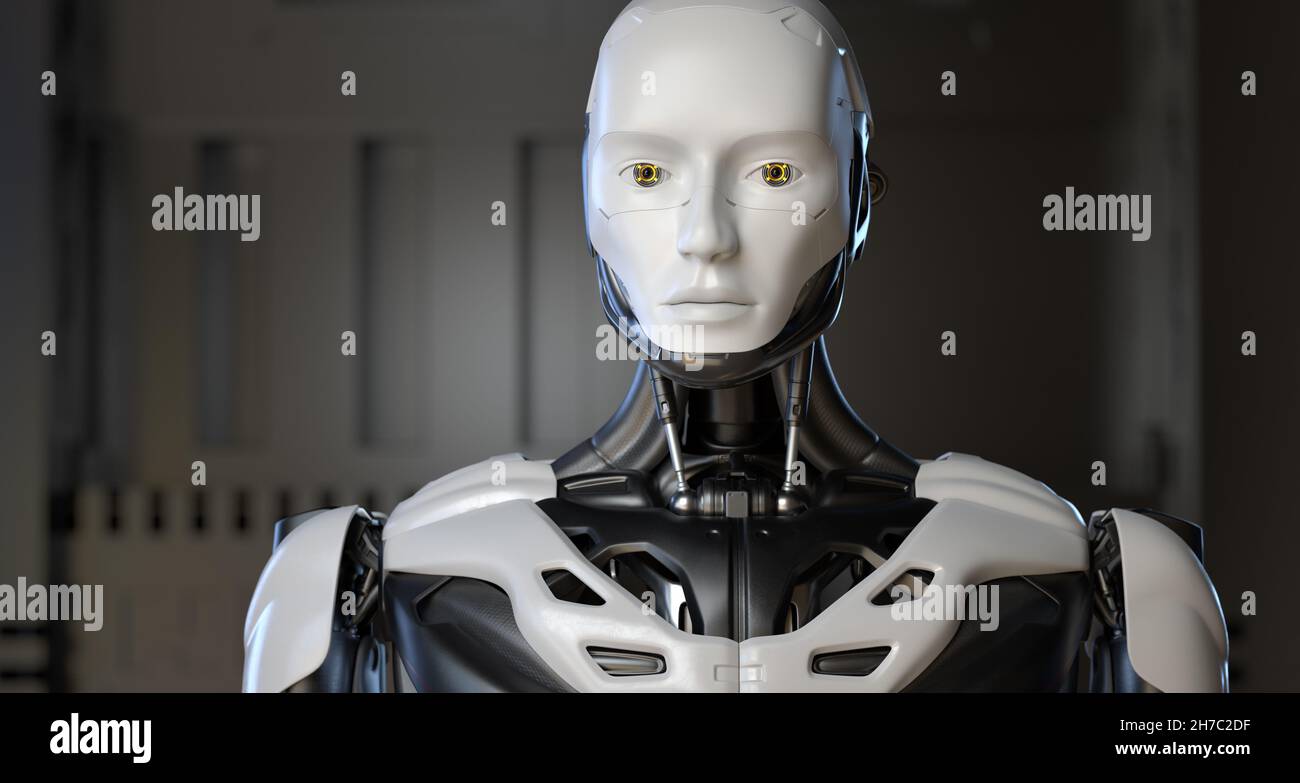 Ciencia ficción cyborg. Humano como robot. Ilustración 3D Foto de stock