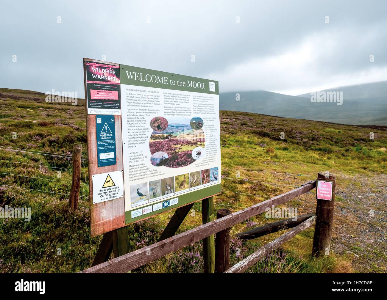Bienvenido al cartel de Moor en las montañas Cairngorm cerca de Cockbridge Foto de stock