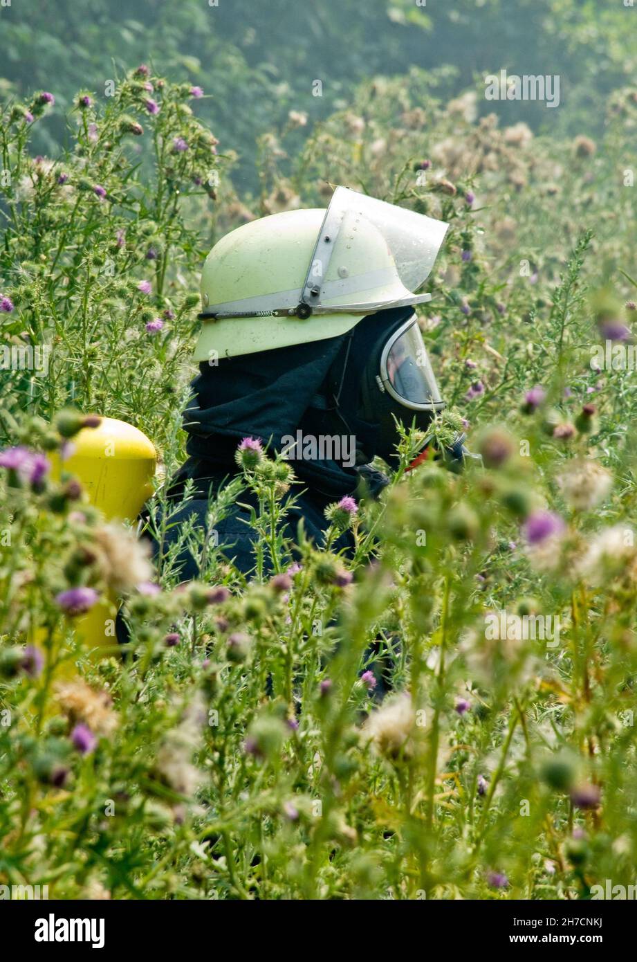 trabajador agrícola que propaga pesticidas Foto de stock