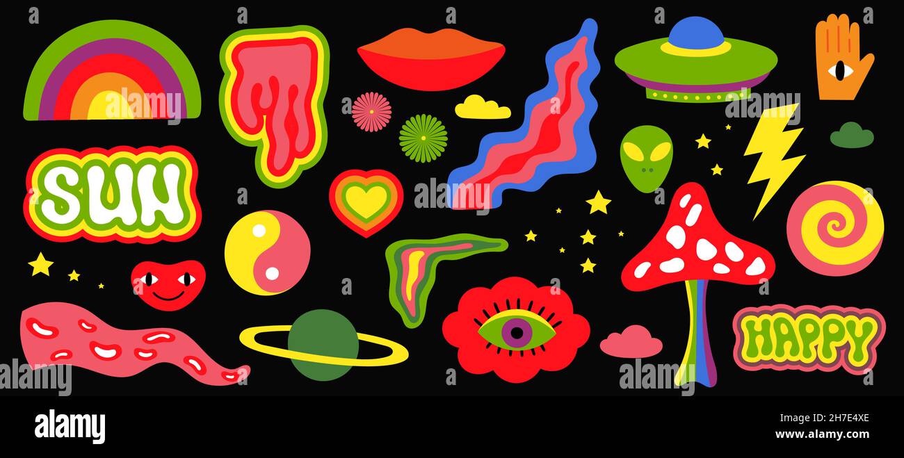 Ilustración vectorial conjunto colorido de parches. Colección de pegatinas  decorativas estilo hippie vintage Imagen Vector de stock - Alamy