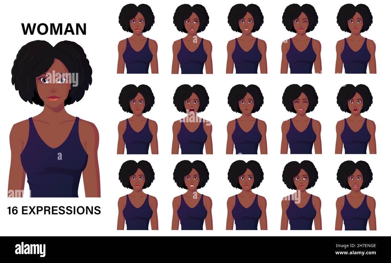 Hermoso Cartoon Negro Mujer Carácter en vestido 16 Emociones y expresiones faciales Premium Vector Ilustración del Vector